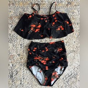 Floral Black and Orange Two-Piece Swimsuit 🍊